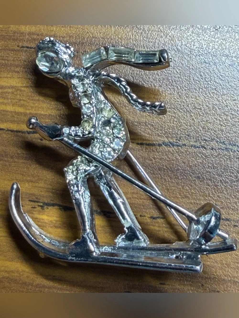 Silver-Tone Rhinestone Skier Pin - Silver